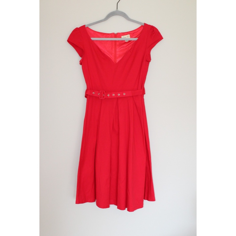 Lindy Bop 50's 60's Style Pinup Rockabilly Red Belted Dress Midi V-neck Size 10